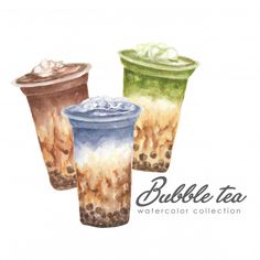 three bubble tea drinks with ice cream and toppings on top, watercolor illustration