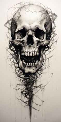 a drawing of a skull with vines coming out of it