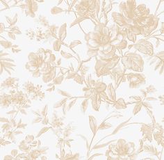 a wallpaper with flowers and leaves in beige on a white background that is very soft