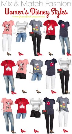 women's disney style outfits with red shoes and mickey mouse t - shirts on them