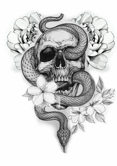 a skull and snake with flowers on it