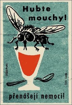 a poster with a fly sitting on top of a cup