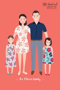 digitally drawn family portrait of a mum dad and two daughters Family Portrait Illustration, Cover Novel, Cloud Party, Digital Portrait Illustration, Family Portrait Poses, Brisbane Queensland, Christmas Painting, Family Cartoon, Fashion Sketches Dresses