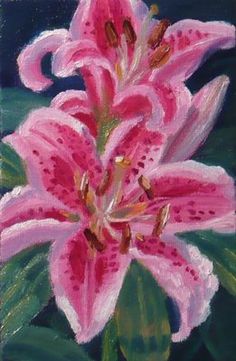 a painting of a pink flower with green leaves