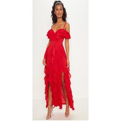 Get Totally Occasion Ready In This Stunning Maxi Dress. Featuring A Red Material With A Cold Shoulder And Ruffle Designs, What's Not To Love? Finish Off The Look With Statement Accessories And Barely There Heels For A Look We're Loving. 97% Polyester 3% Elastane Please Note: Due To Fabric Used, Colour May Transfer. Chic Red Maxi Dress With Ruffles, Red Ruffled Maxi Dress For Prom, Red Ruffled Maxi Dress For Party, Red Ruffle Dress, Robes Glamour, Valentine Dress, Ruffle Maxi Dress, Red Chiffon, Red Maxi