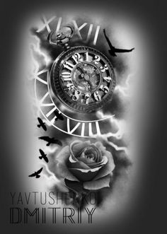 a black and white photo of a clock with birds flying around it that says, yatushi no dimity