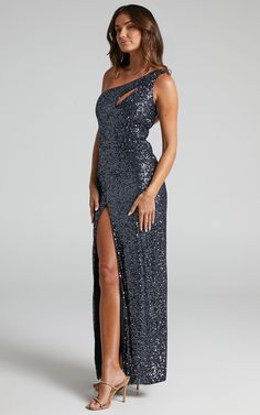 Rehyna One Shoulder Asymmetric Cut Out Sequin Maxi Dress in Black | Showpo USA Luxury Fitted Sequin Dress With Asymmetrical Neckline, Luxury One Shoulder Sleeveless Dress With Sequins, Luxury One Shoulder Dress With Contrast Sequin, Luxury One Shoulder Dress With Sequins And Asymmetrical Neckline, Luxury Embellished One Shoulder Dress With Asymmetrical Neckline, Luxury Sequin Dress With Asymmetrical Neckline For Formal Events, Luxury Sequined Dress With Asymmetrical Hem, Luxury One Shoulder Fitted Sequin Dress, Long Fitted Sequin One Shoulder Dress