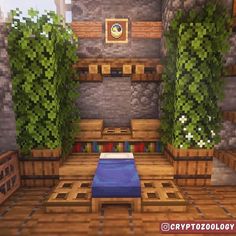 a bedroom in minecraft with a bed and plants on the walls