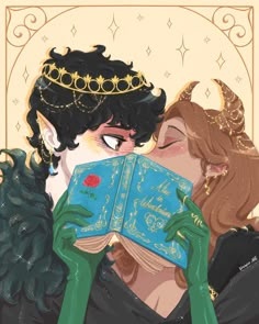 an illustration of two women kissing each other while holding a book in front of their face