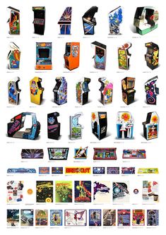 several different types of arcade machines with pictures on the front and back sides, all in various colors