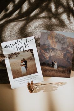 two wedding photos are sitting next to each other