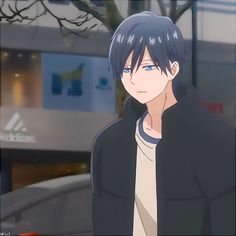 an anime character with black hair and blue eyes standing in front of a building, looking at the camera