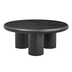 a black table with three legs and a round wooden top on an isolated white background