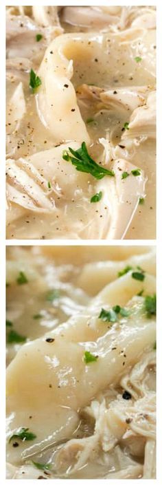 two pictures of chicken noodle soup with parsley on top and in the bottom