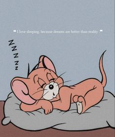 a cartoon mouse laying on top of a pillow with the caption i love sleeping, because dreams are better than reality