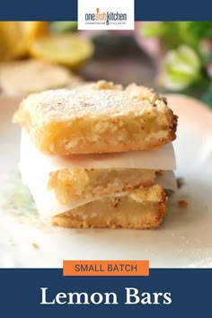 two lemon bars stacked on top of each other with the words, small batch lemon bars