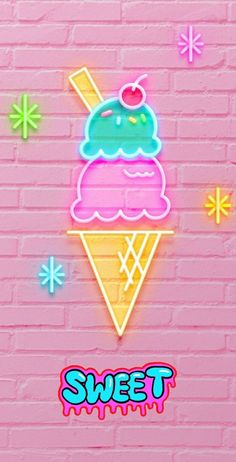 an ice cream sundae on a pink brick wall with the words sweet written below it