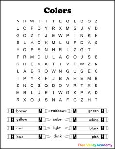 the color word search page for children's handwriting and writing practice, with black and white