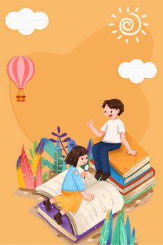 two children are sitting on top of books and looking at an air balloon in the sky