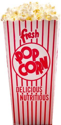 a red and white striped popcorn bag with the word pop corn on it's side