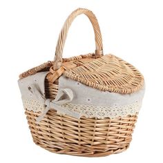 a wicker basket with a bow on the handle