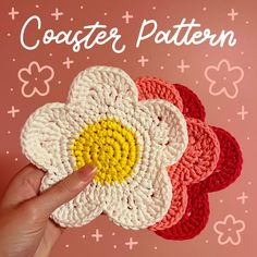 crochet flower coasters with the words coaster pattern written in white and yellow