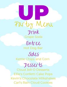 a menu for a party with clouds in the background