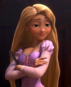 a cartoon character with long blonde hair wearing a purple dress