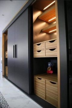 an open cabinet with drawers in a room