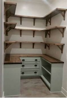 an empty room with some shelves and drawers