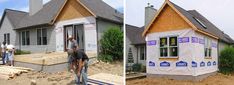 two pictures side by side with people standing in front of a house under construction