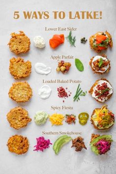 a poster with different types of food and the words, 5 ways to latke