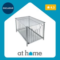 a metal cage with the words at home on it and an image of a dog inside