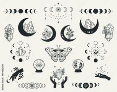 the moon and stars tattoo design is shown in black ink on white paper, with hand drawn