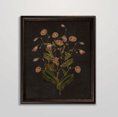 a painting on the wall with flowers and leaves painted in gold, black and brown colors