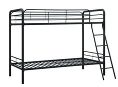 a black metal bunk bed with ladders on the top and bottom part, against a white background