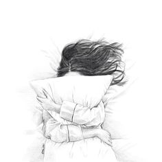 a black and white drawing of a person laying in bed with their head on the pillow