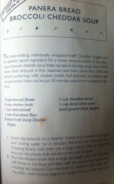 an open book with instructions on how to make broccoli cheddar soup