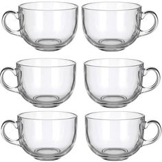 set of six clear glass coffee cups with handles and rims, 12 ounce each