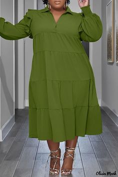 Olivia Mark - An Elegant Plus Size Army Green Solid Patchwork Turn-Down Collar Straight Dress for Women Plus Size Green Dress, Modest Fashion Plus Size, Classic Midi Dress, Purple And Gold Dress, White Fashion Casual, Red Dress Short, Straight Dress, Solid Color Shirt, Collars For Women