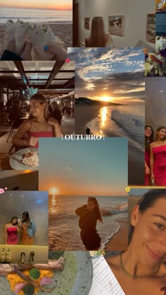 a collage of photos with people on the beach and in the water at sunset