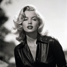 a black and white photo of a woman with blonde hair wearing a leather jacket looking off to the side