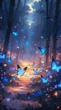 a forest filled with lots of blue butterflies flying through the air over a dirt road