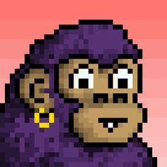 an image of a pixelated monkey with big eyes and a purple shirt on, in front of a pink background