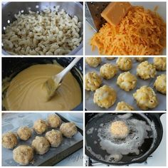 four pictures show different stages of making macaroni and cheese balls, then adding them to the batter