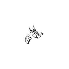 a black and white drawing of a bird with swirls on it's wings