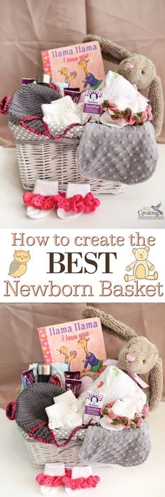 two baskets filled with books and stuffed animals