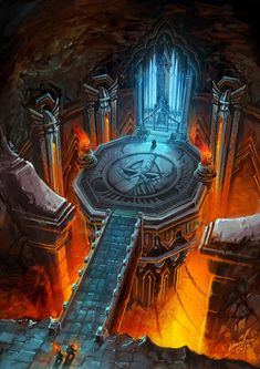 an image of a fantasy setting with stairs leading up to a clock on the wall