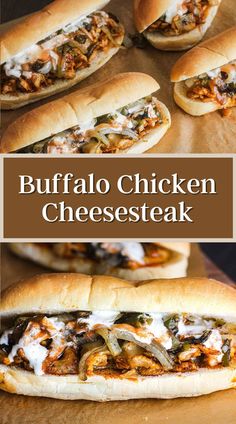 buffalo chicken cheesesteak sandwiches on a cutting board