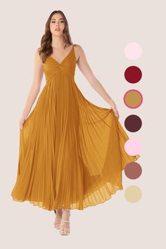 Flutter away in Raychelle, our ankle length chiffon dress. She features a flattering V-neckline with a pleated twist front. Her flowy sunburst pleated skirt is perfect to spin and dance the night away. Bridesmaid Dresses Ankle Length, Chiffon Bridesmaid Dresses, Dusty Rose Dress, Azazie Bridesmaid Dresses, Ankle Length Dress, Dress Dusty, Chiffon Bridesmaid, Guest Outfit, Twist Front